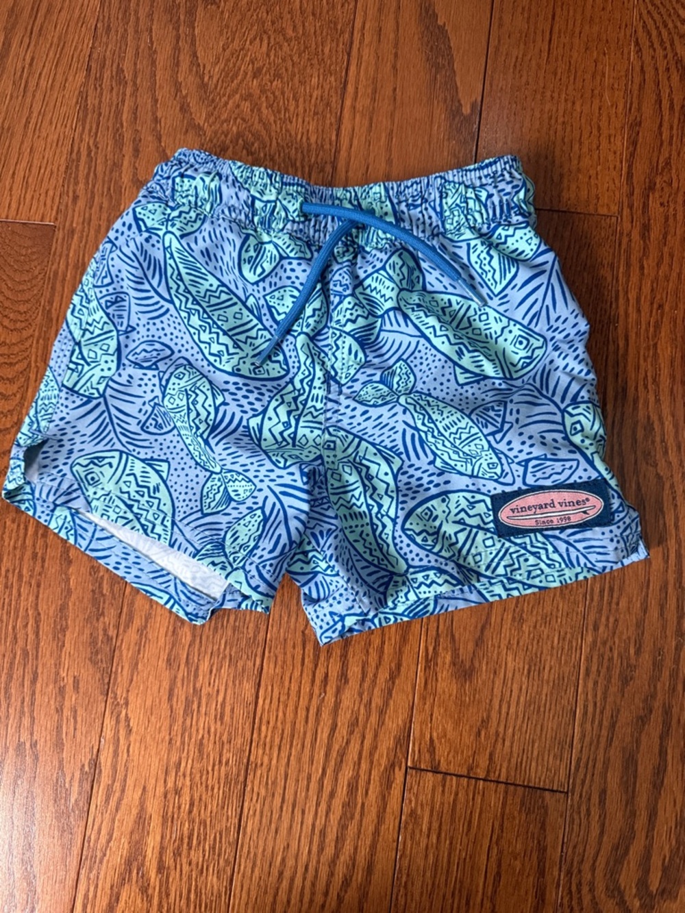 Vineyard Vines Blue Swim Shorts with Mint Whale Pattern